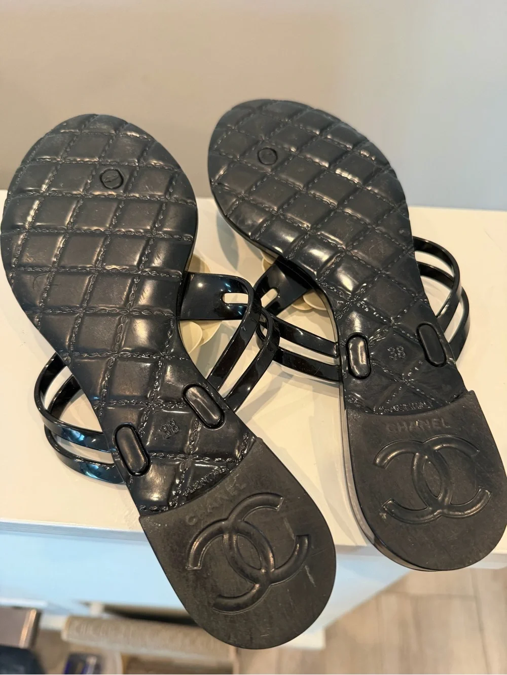 Chanel Black Jelly Camellia Thong Sandals